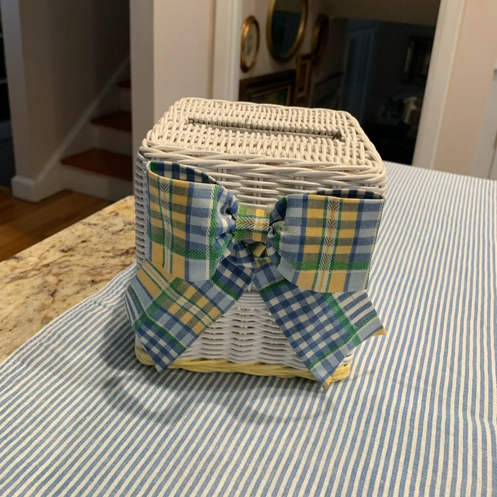 Vintage Plaid Ribbon Wicker Tissue Box Cover